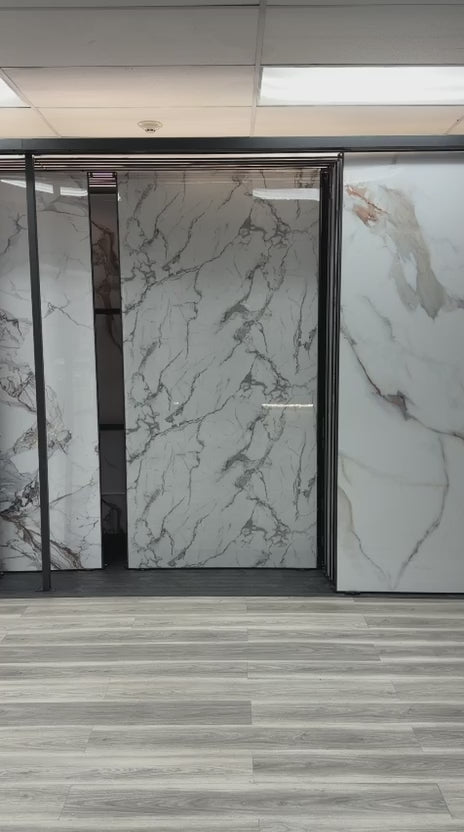 White Gray Pearl marble PVC wall panel installed on luxury interior wall, UV protected fireproof waterproof 4x8 ft