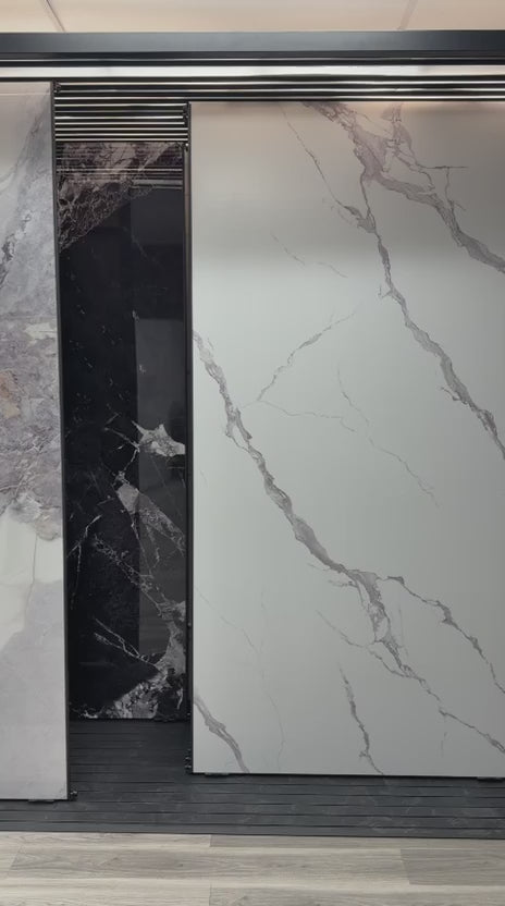 Calacatta Belga PVC marble sheets installed on luxury interior wall, waterproof 4x8 ft