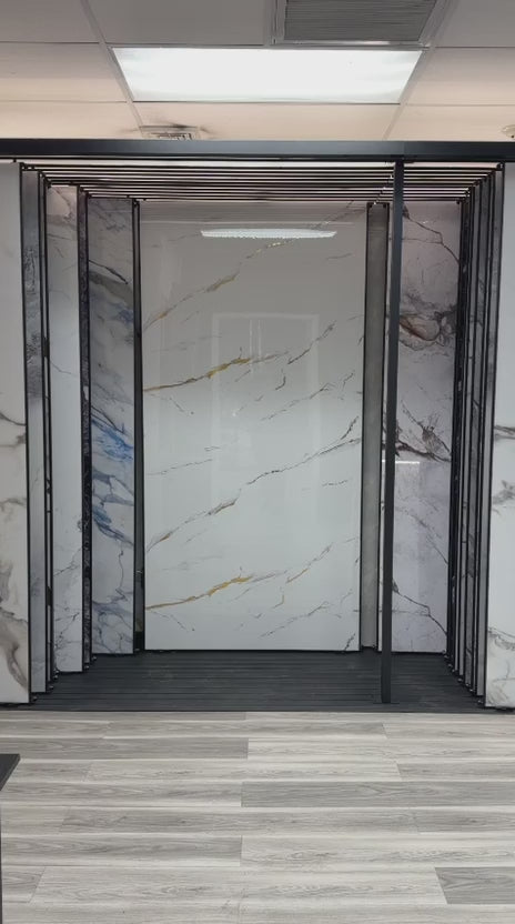 Caramel Vein PVC marble sheets installed on luxury interior wall, UV protected waterproof 4x8 ft