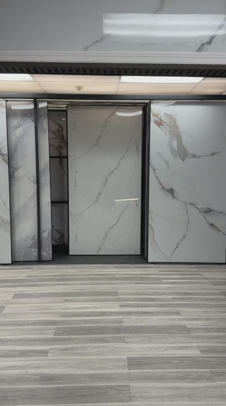 Calacatta Manhattan PVC marble sheets installed on luxury interior wall, waterproof 4x8 ft