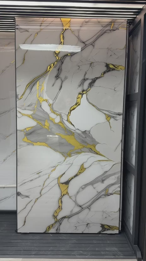 White Gold Luxe marble PVC wall panel installed on luxury interior wall, UV protected fireproof waterproof 4x8 ft