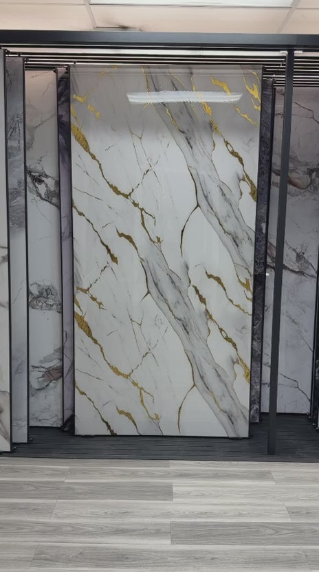 Luxe Gold Vein marble PVC wall panel installed on luxury interior wall, UV protected fireproof waterproof 4x8 ft