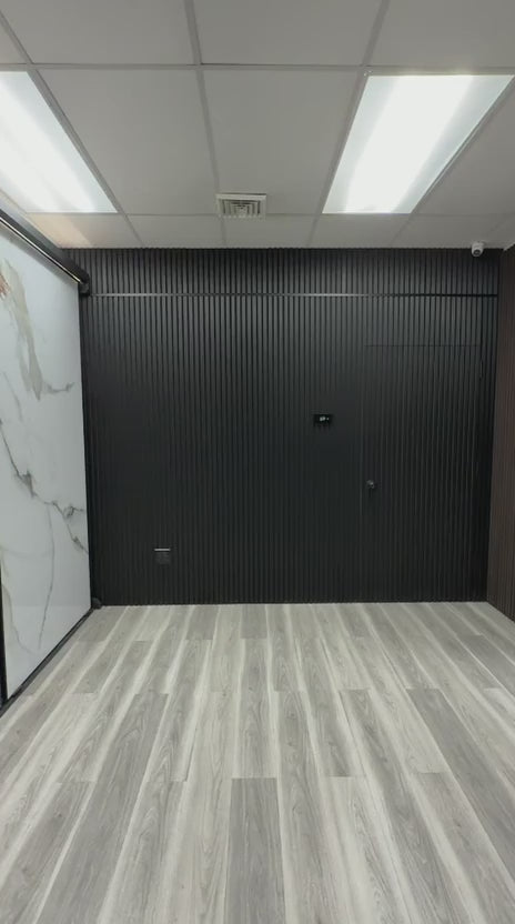 Premium acoustic slatted wood panels installed on modern wall and ceiling, decorative sound-absorbing panels 62 sq ft