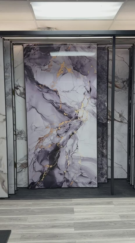 Blue Mist PVC marble sheets installed on modern interior wall, UV protected waterproof 4x8 ft