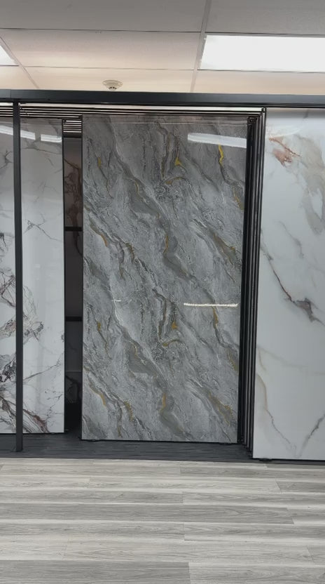 Silver Gold marble PVC wall panel installed on luxury interior wall, UV protected fireproof waterproof 4x8 ft