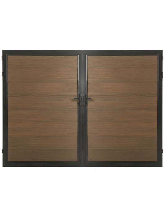 Walnut composite panel fence gate 10 ft wide 6 ft high modern outdoor privacy gate