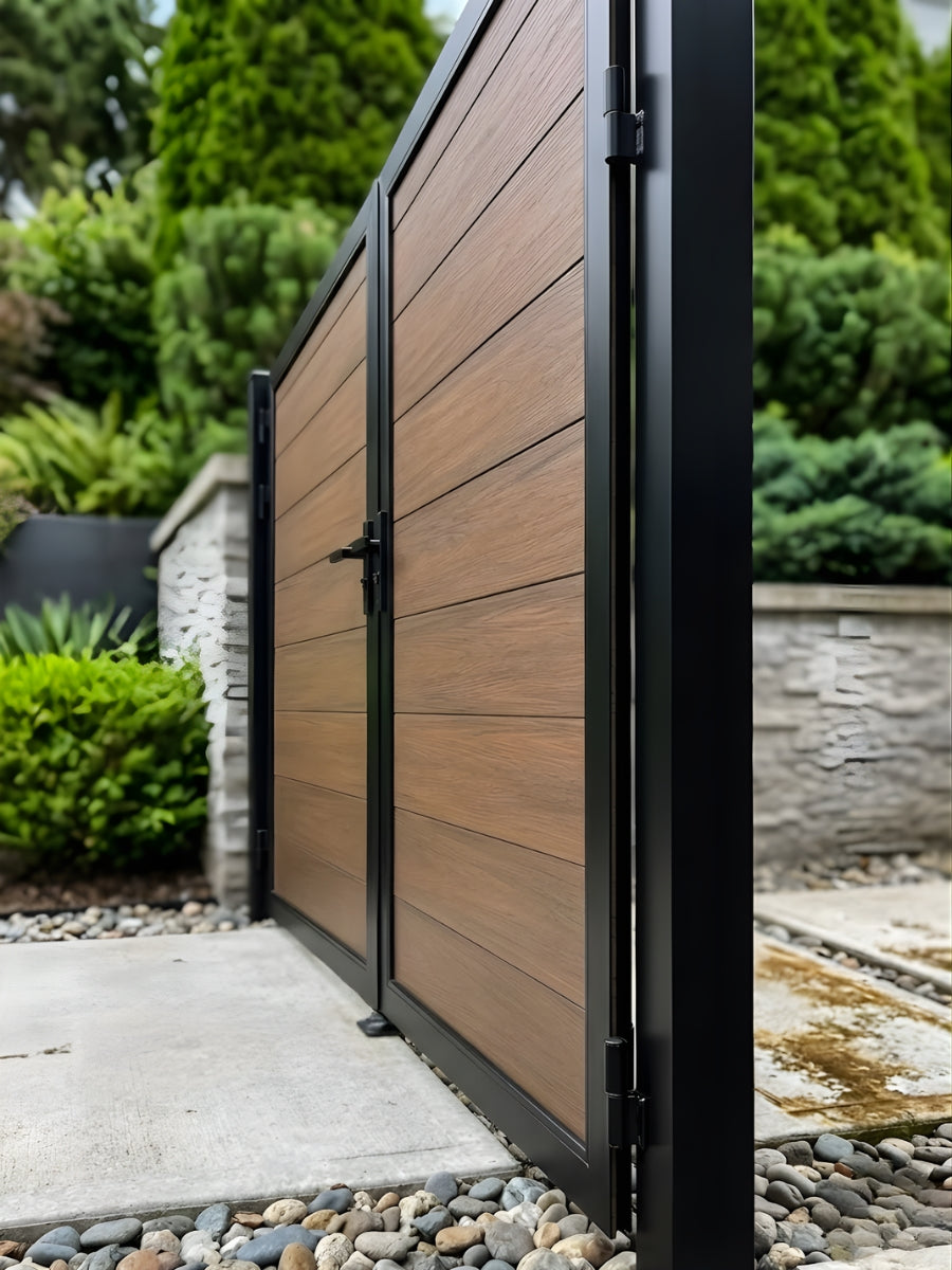 Walnut composite panel gate for fence 10 ft wide 6 ft height modern garden entrance