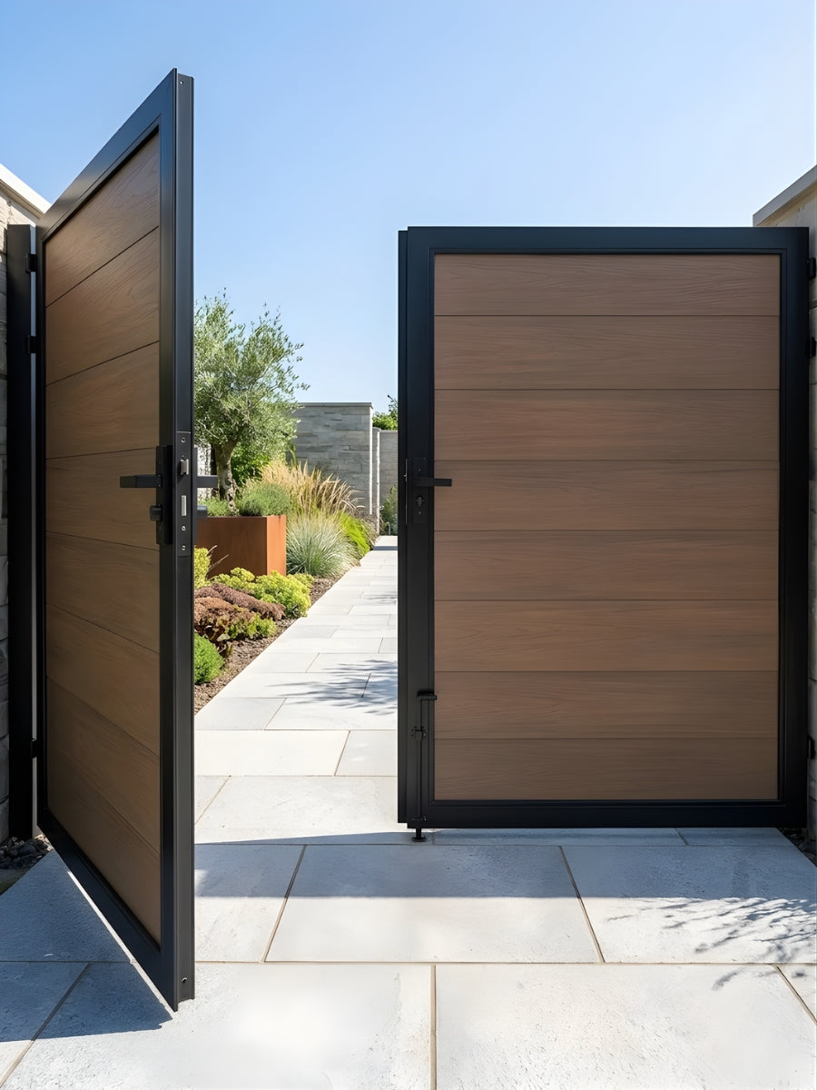 Heavy duty composite fence gate walnut color 10x6 ft for driveway and backyard