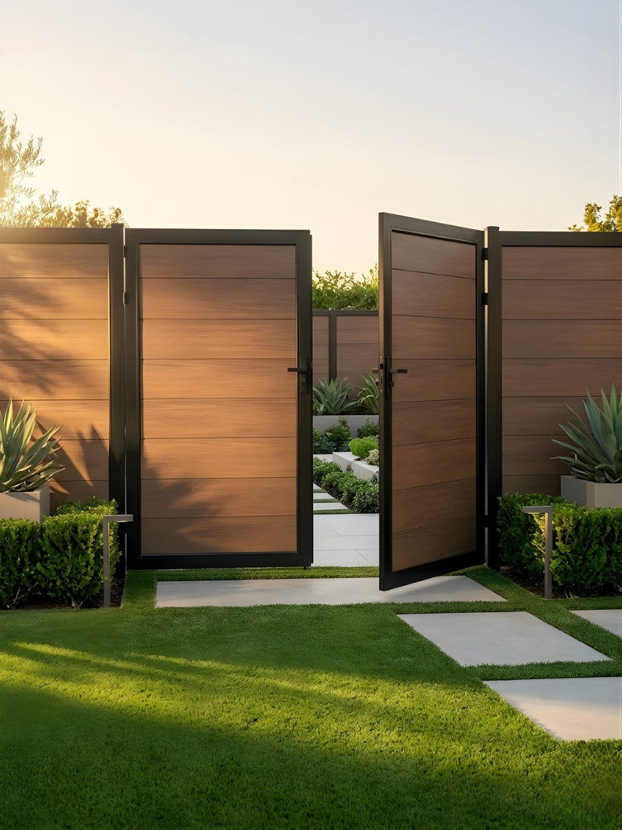 Modern walnut composite fence gate 10 ft x 6 ft waterproof and long lasting design