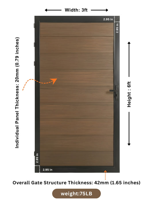 Single WPC fence gate in walnut color 3x6 ft durable composite garden gate